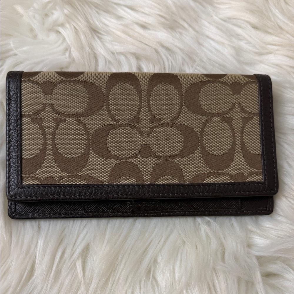 Coach Brown Signature Canvas Trifold Wallet with Dark Brown Trim